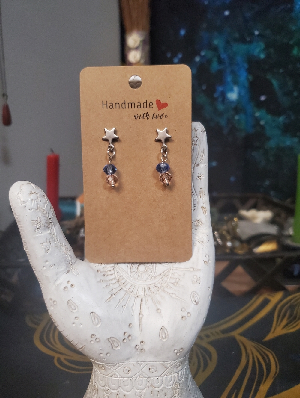 Handmade Blue And Pink Star Hypoallergenic Earrings